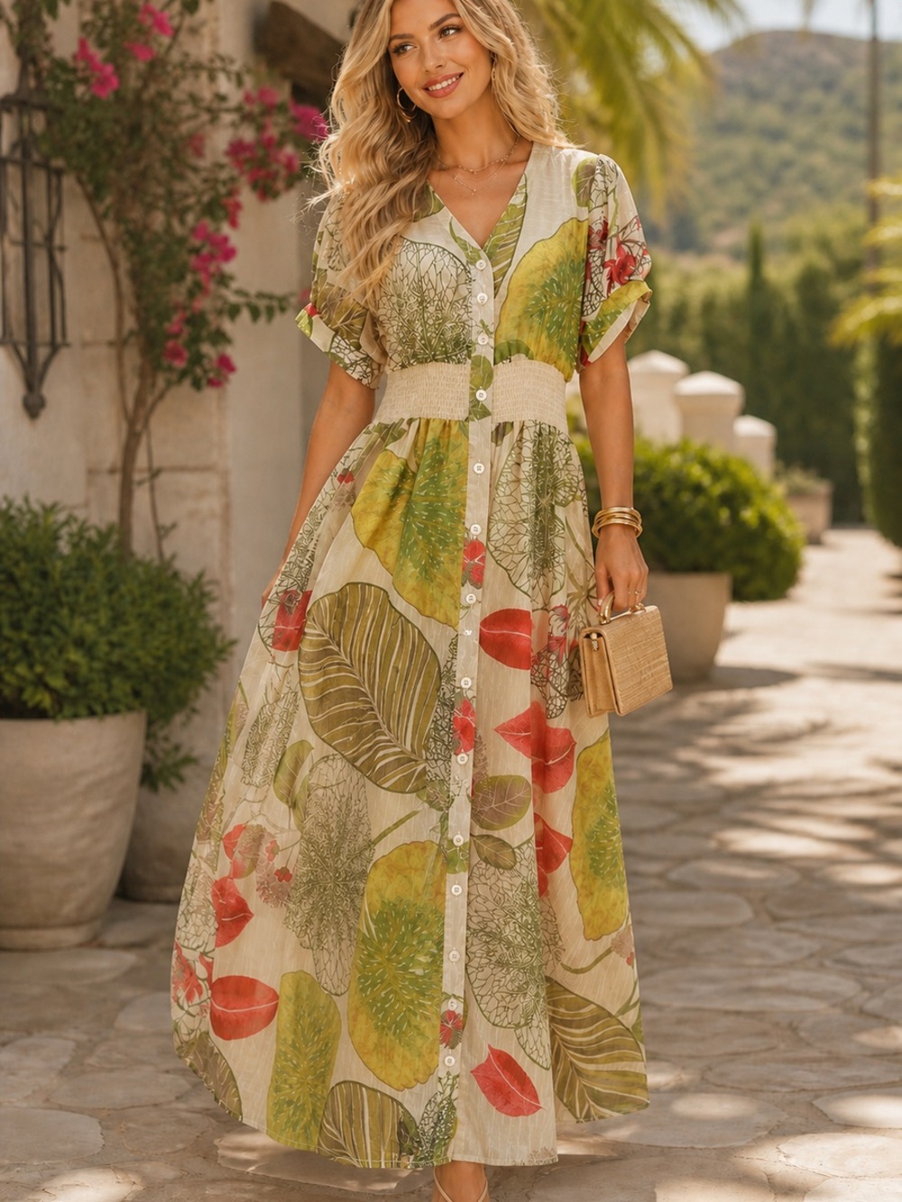 Boho Botanical Button-Front Maxi Dress - Green Floral